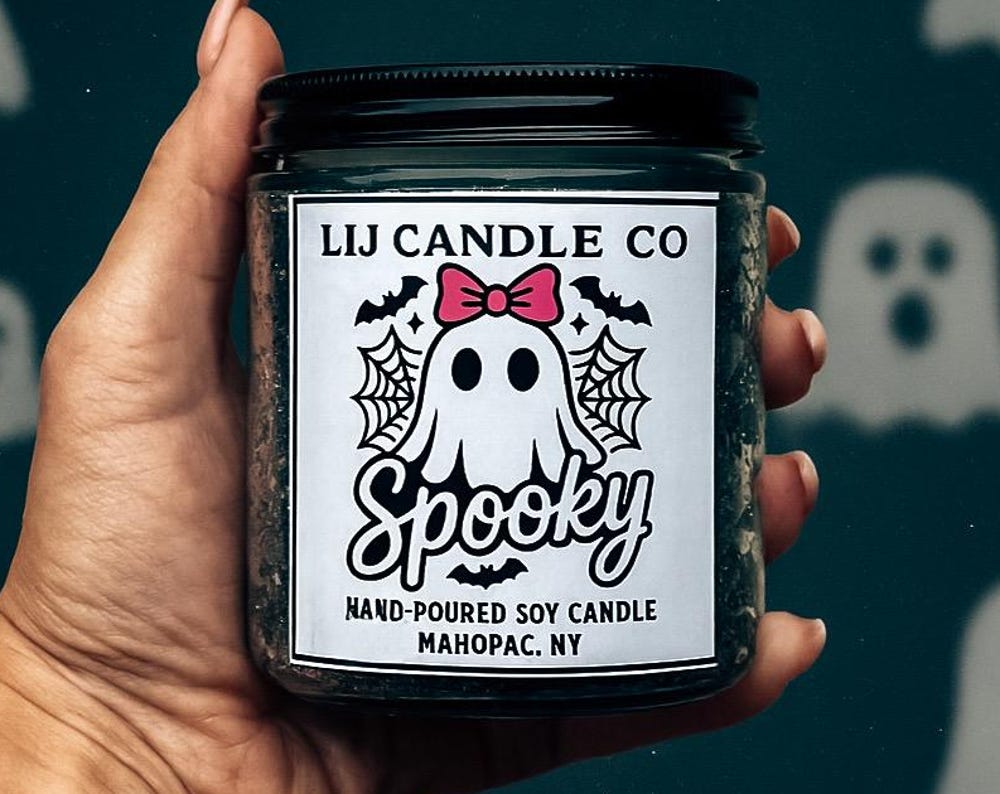 Blue Moon pumpkin | Ghost Soy Candle | Halloween Candle Décor | Rustic Farmhouse Fall Candle | Hand Poured Soy Wax Jar | Cute Ghost Pink Bow Candle