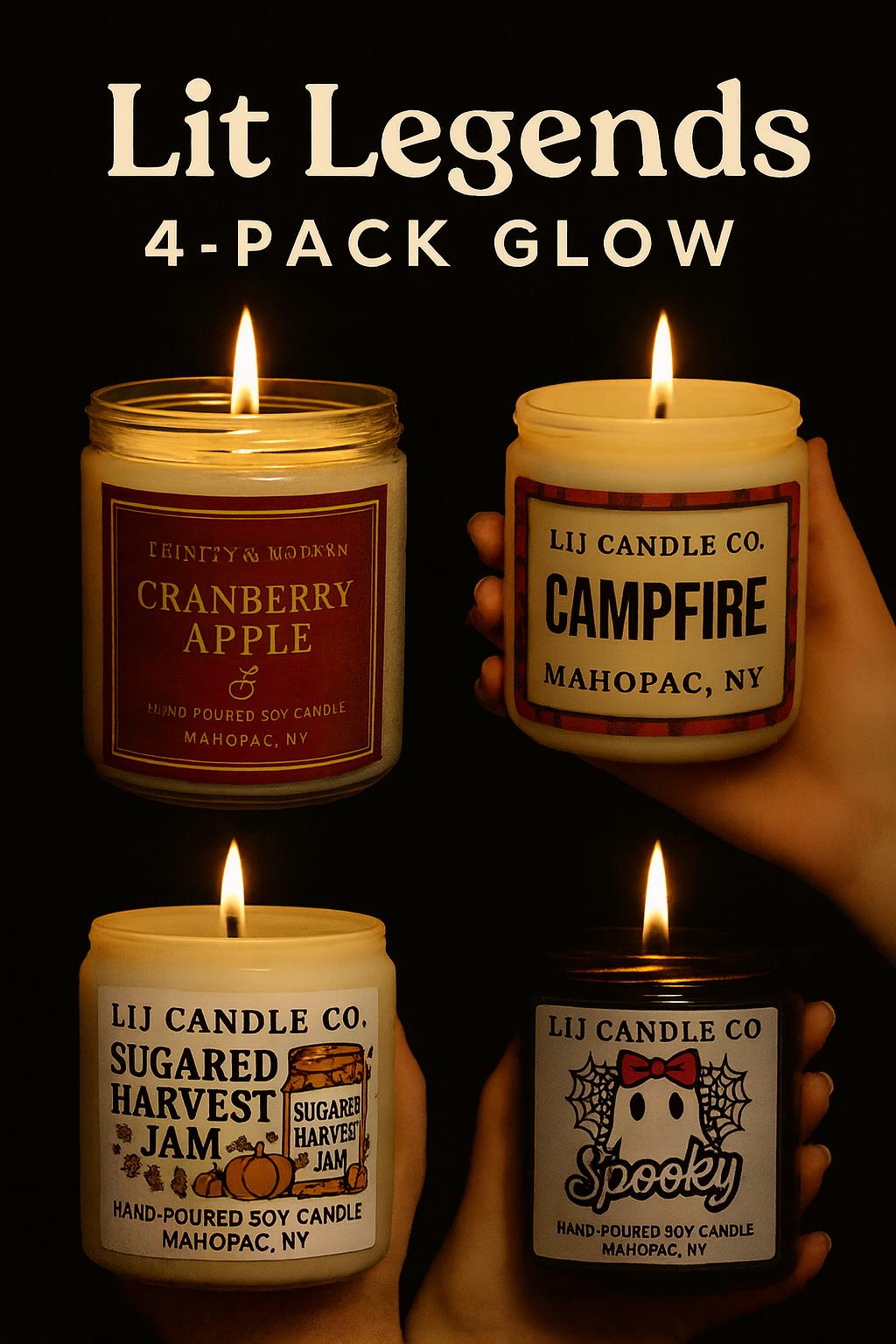 Lit Legends 4-Pack 9 oz Soy Candle Gift Set | Fall Candle Collection | Hand-Poured Candles | Cranberry Apple, Campfire, Spooky, Harvest Jam